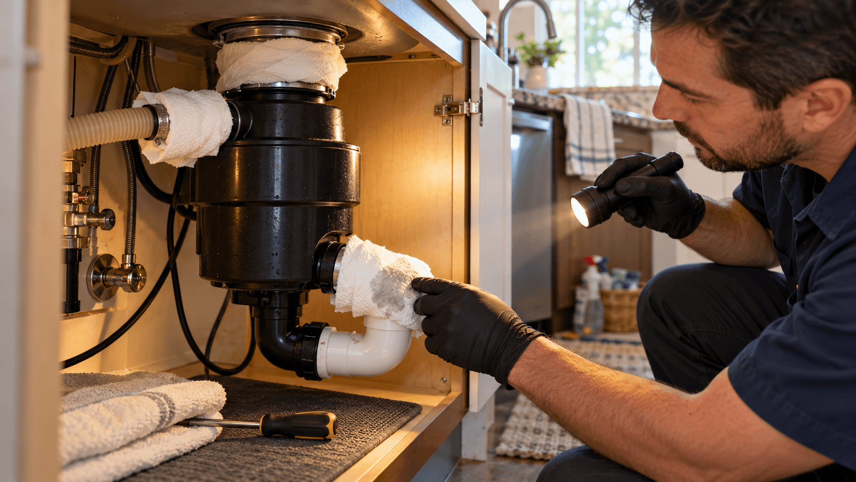 ProStar technician checking paper towels wrapped around a garbage disposal sink flange dishwasher hose and drain elbow to find a leak