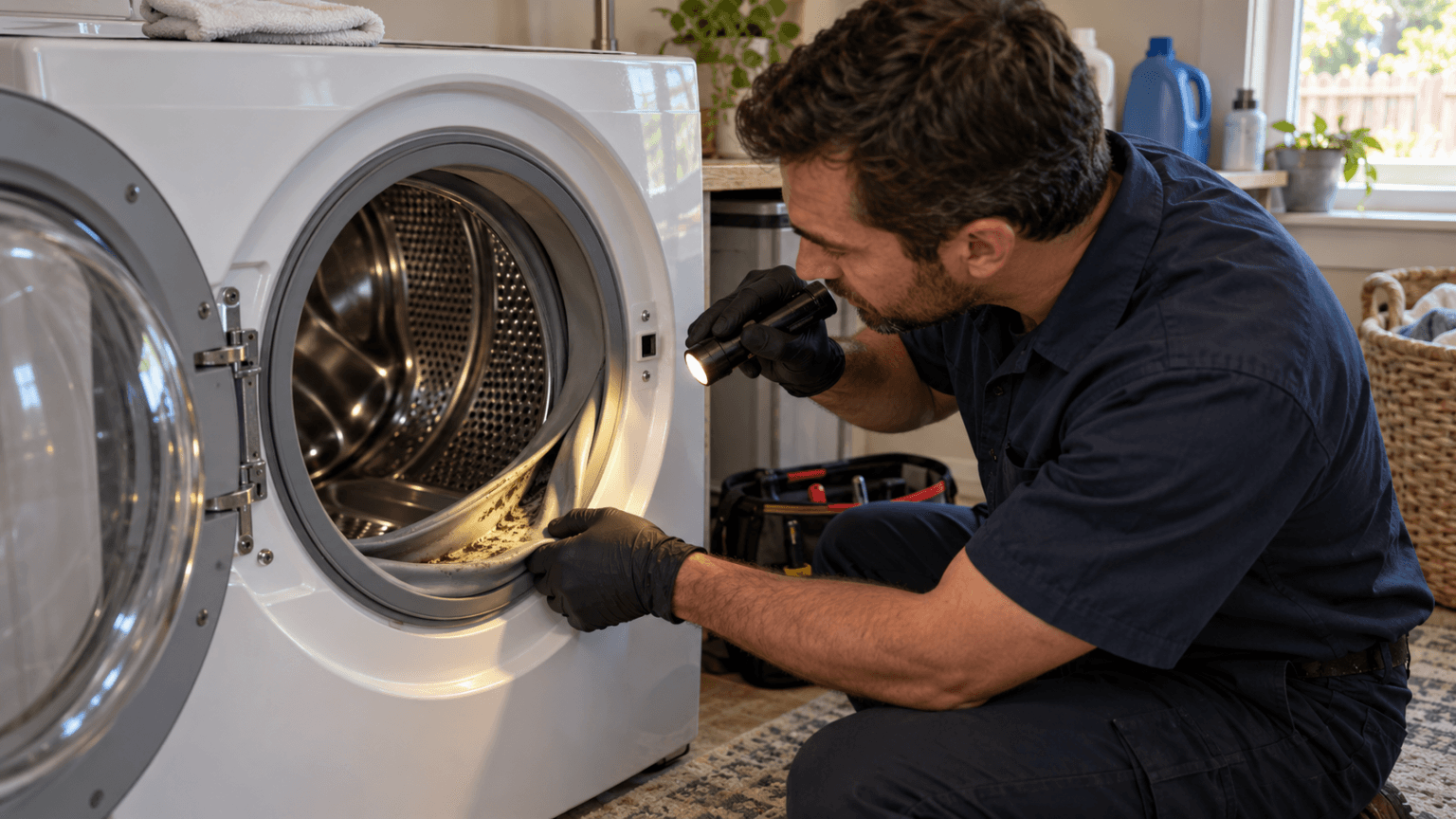 ProStar technician pointing a flashlight at mildew and residue in the door seal of a front load washing machine
