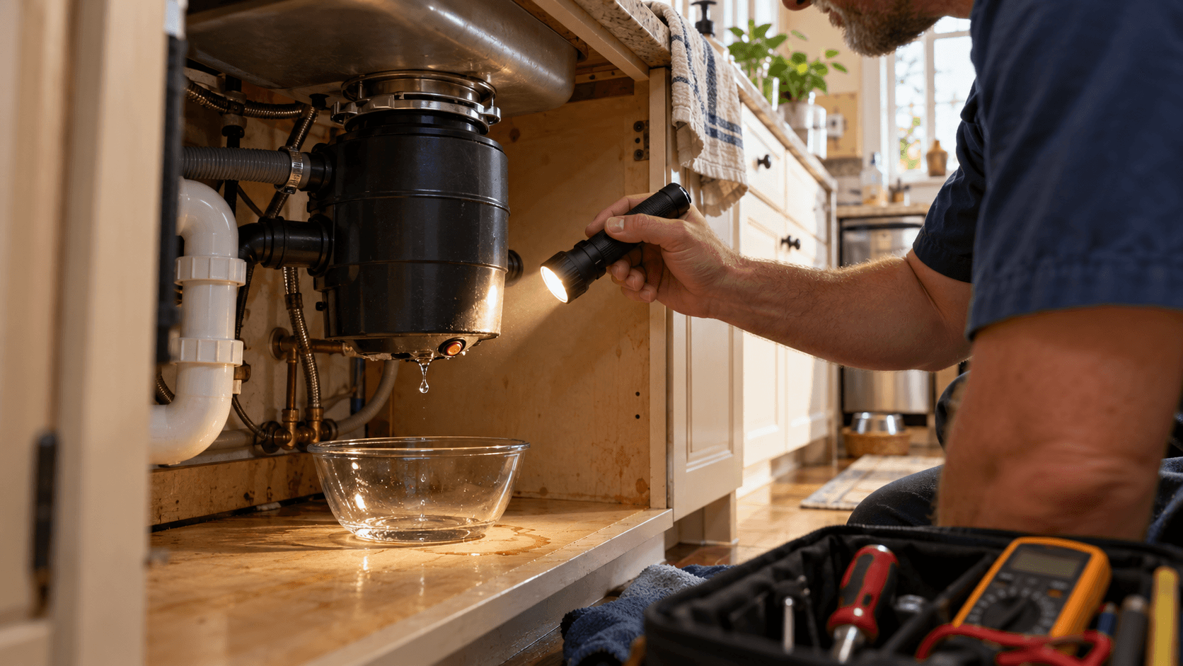 ProStar technician pointing a flashlight at water dripping from the bottom of a garbage disposal under a kitchen sink