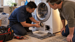ProStar technician showing a homeowner a clogged drain pump filter removed from a front load washing machine