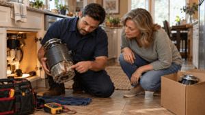 ProStar technician showing a homeowner the rusted underside of a leaking garbage disposal removed from a kitchen sink