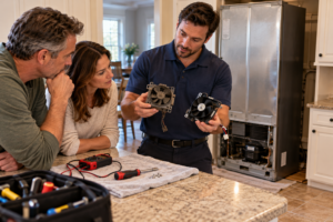 prostar technician showing failed refrigerator part to homeowner