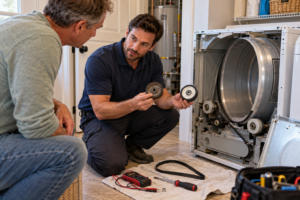 technician cleaning dusty refrigerator condenser coils texas garage