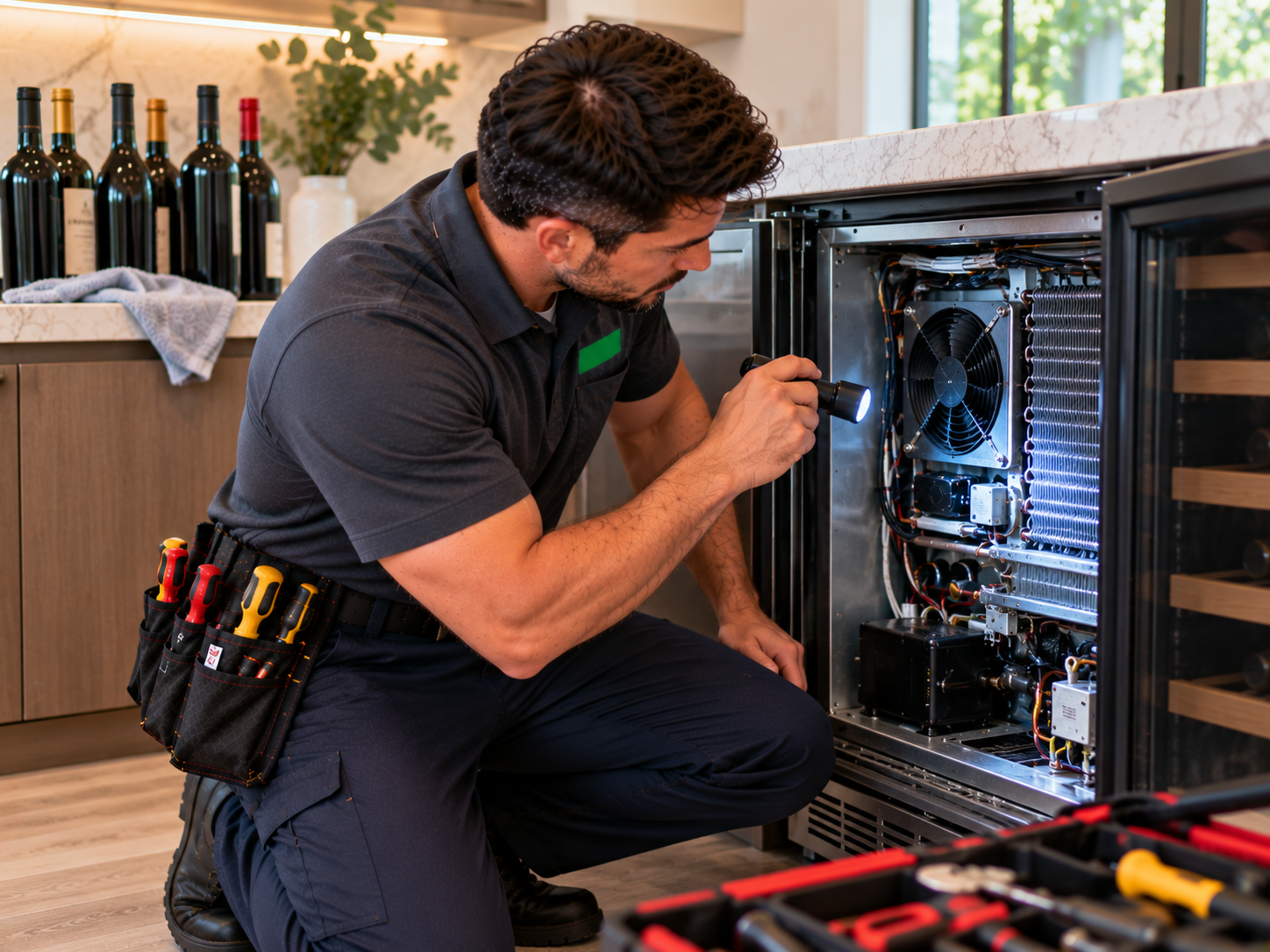 technician inspecting wine cooler