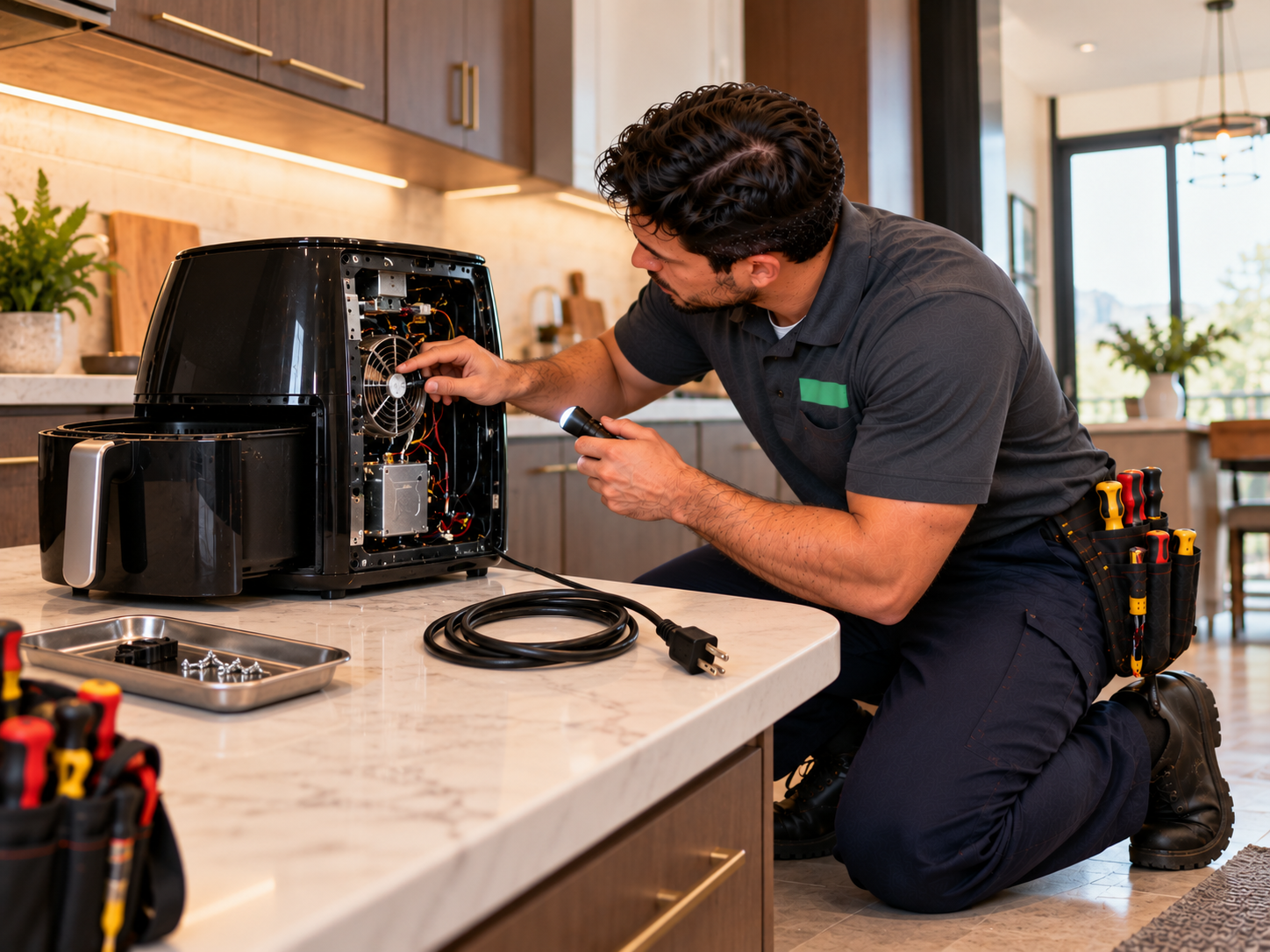 technician rapairing air fryer