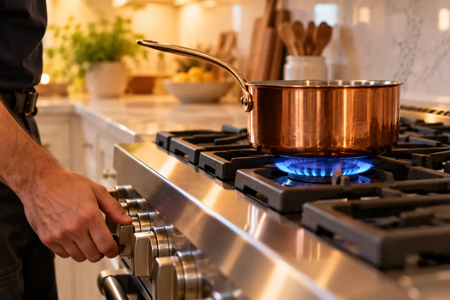 Warm Kitchen Copper Pan on Blue Flame