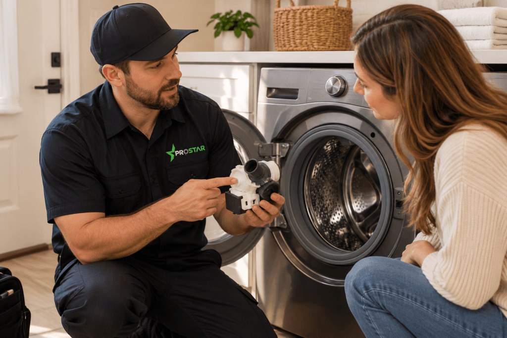 ProStar technician explaining a washer repair part to a homeowner in Kendall County, TX