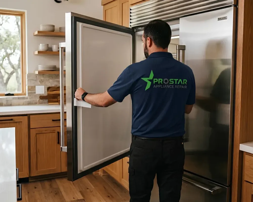 A ProStar Appliance Repair technician wearing a branded navy blue polo shirt opens a large, built-in stainless steel freezer in a modern kitchen, using a white cloth to inspect or clean the inner door.