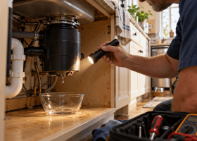 ProStar technician pointing a flashlight at water dripping from the bottom of a garbage disposal under a kitchen sink