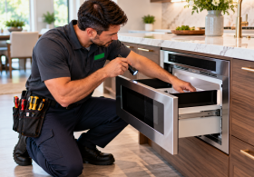 technician kneeling microwave repair